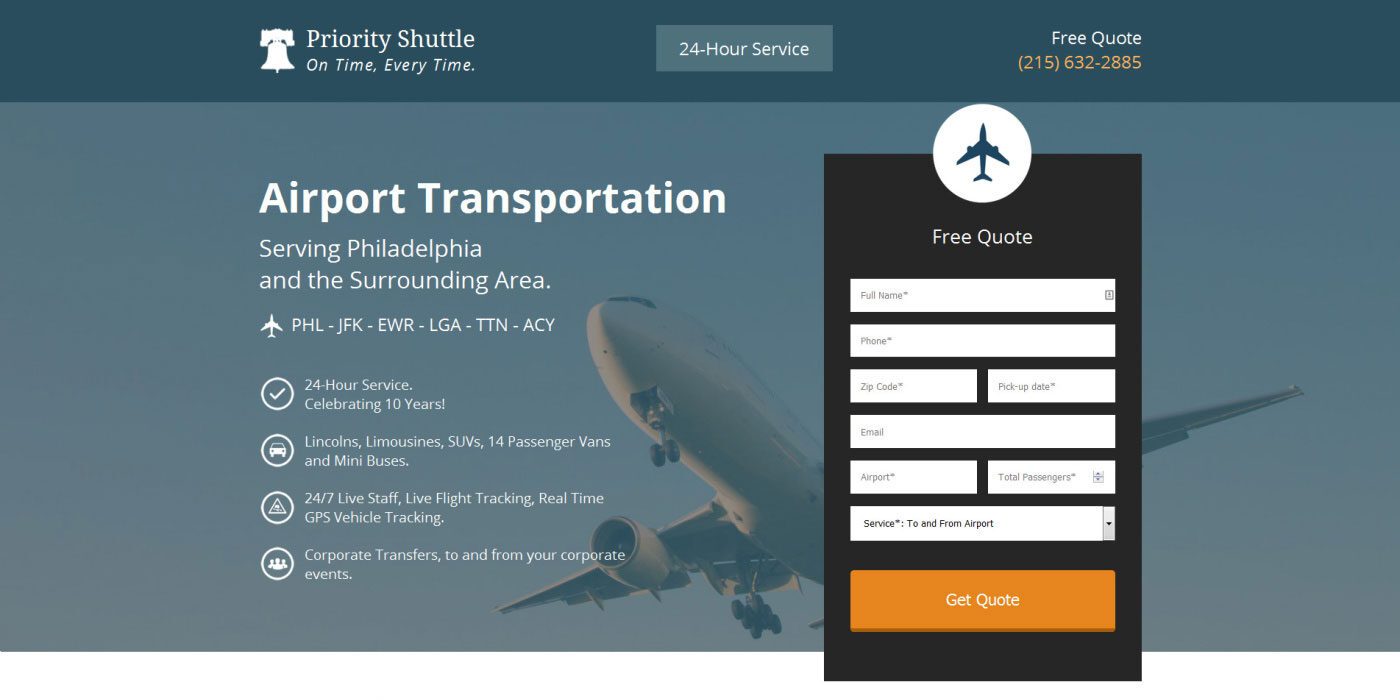 Priority Shuttle landing page design