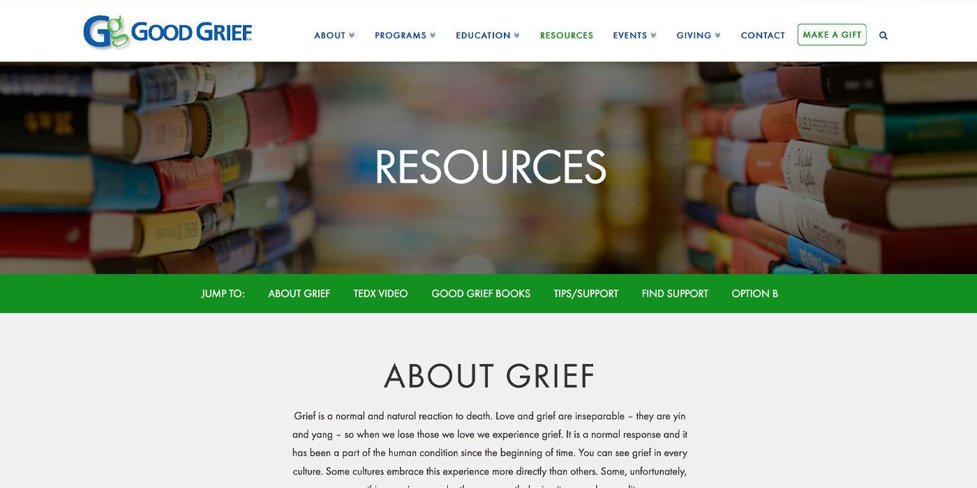 Good Grief Resources page layout design