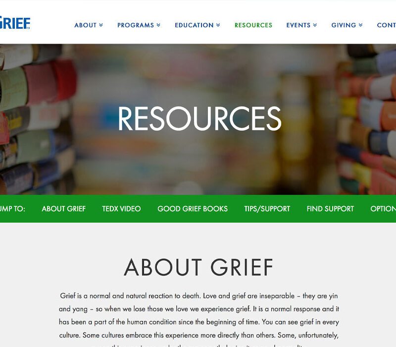 Good Grief Resources page layout design